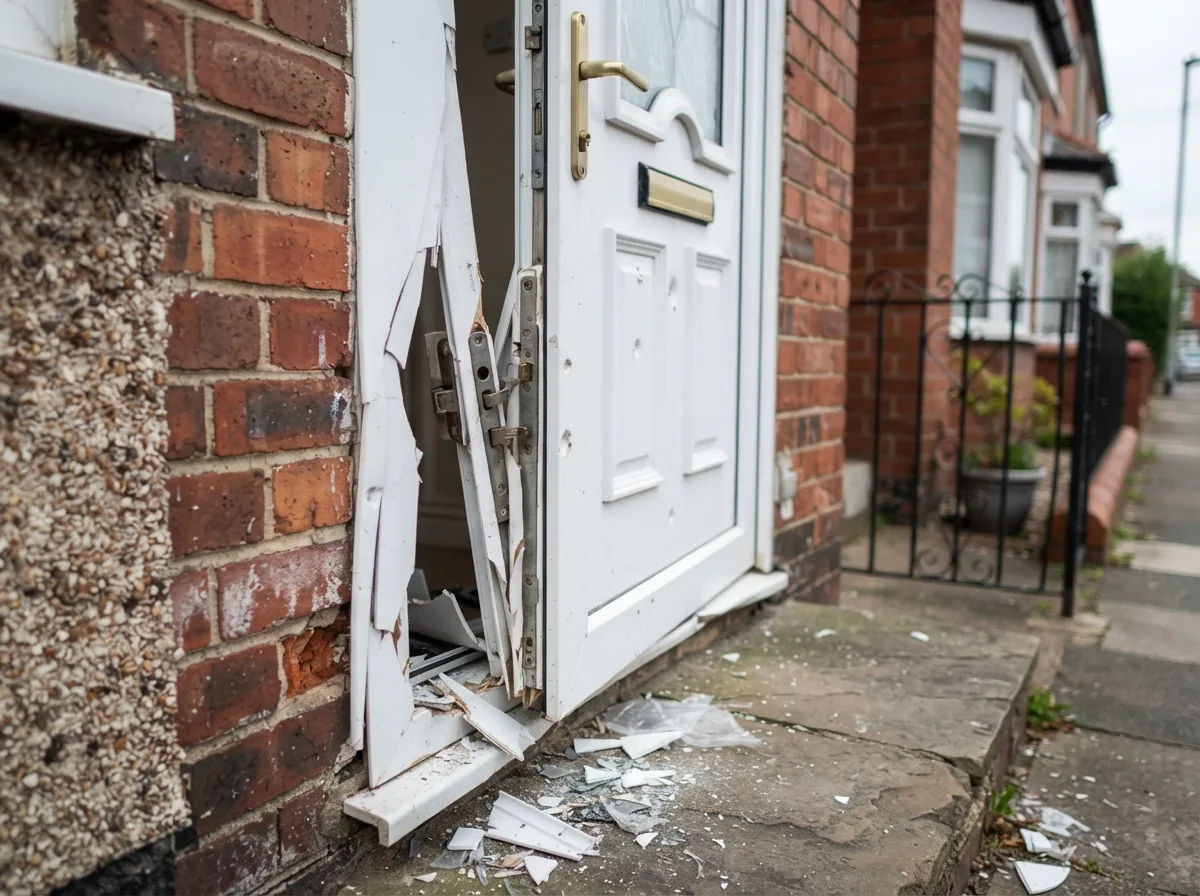 A damaged door frame after a break-in, ready to be made safe
