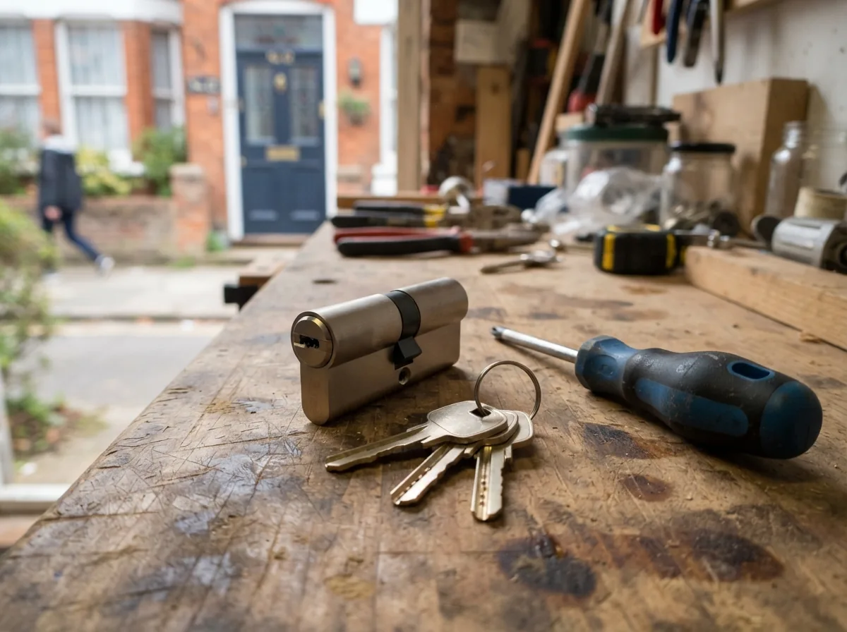 A new anti-snap cylinder and three keys on a worktop
