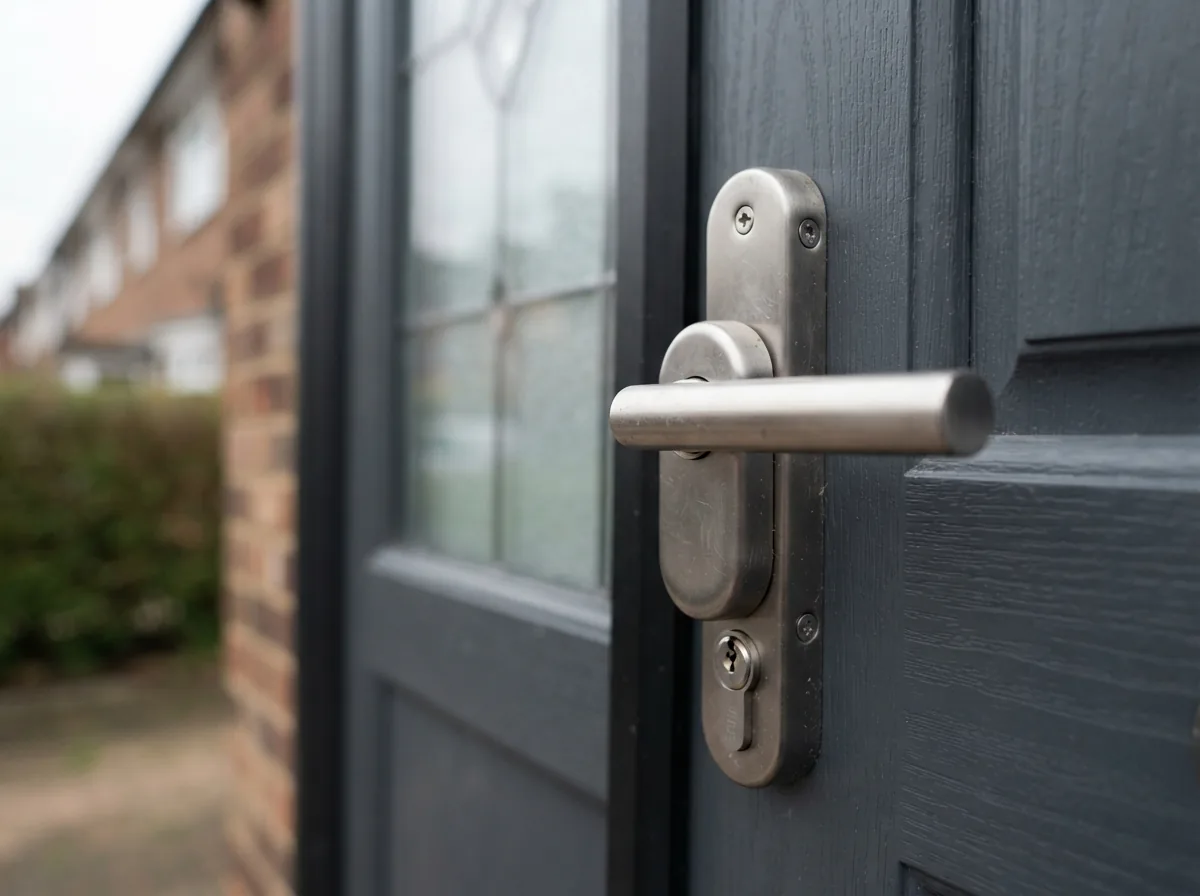 Close up of a security handle set with a cylinder guard