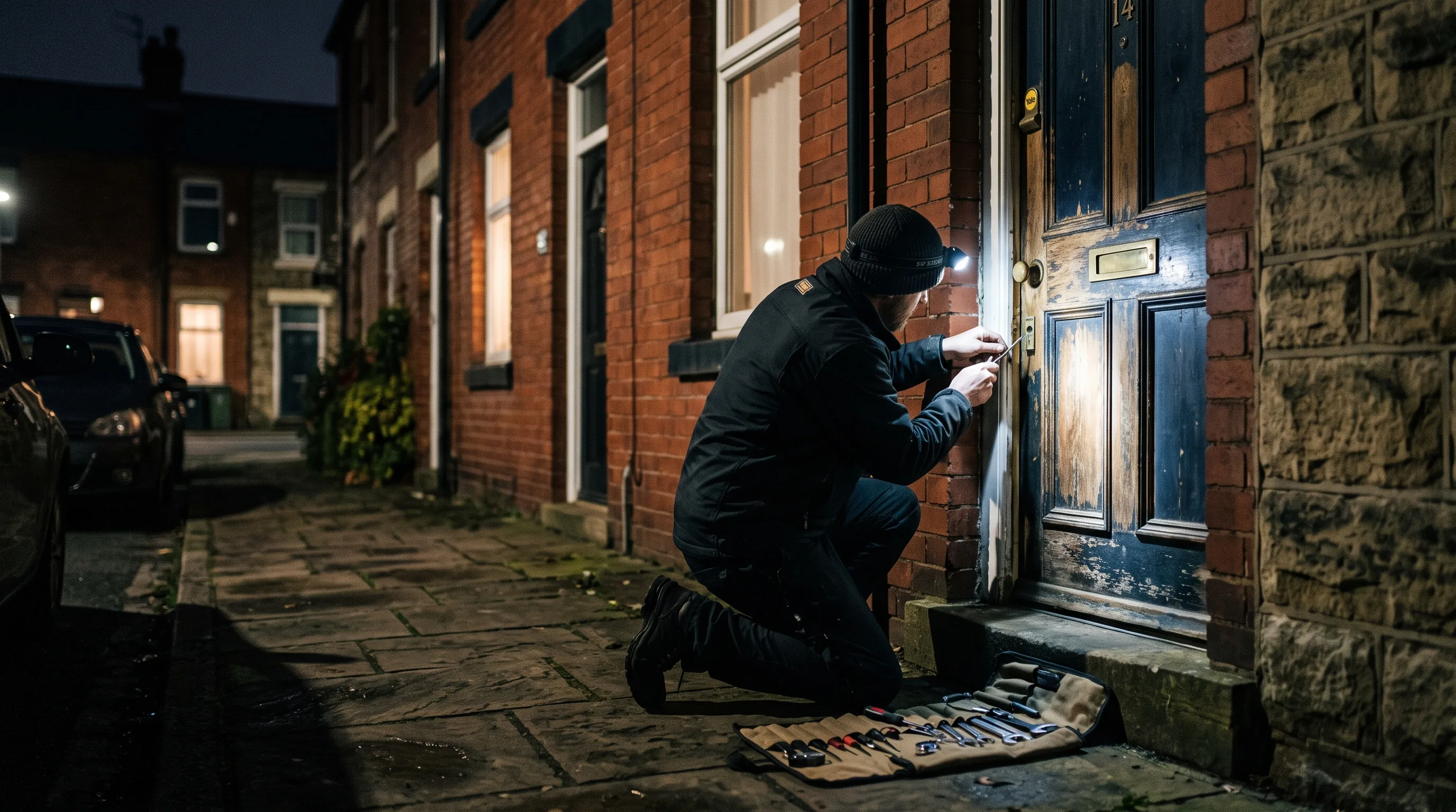 A locksmith with a head torch at a front door at night