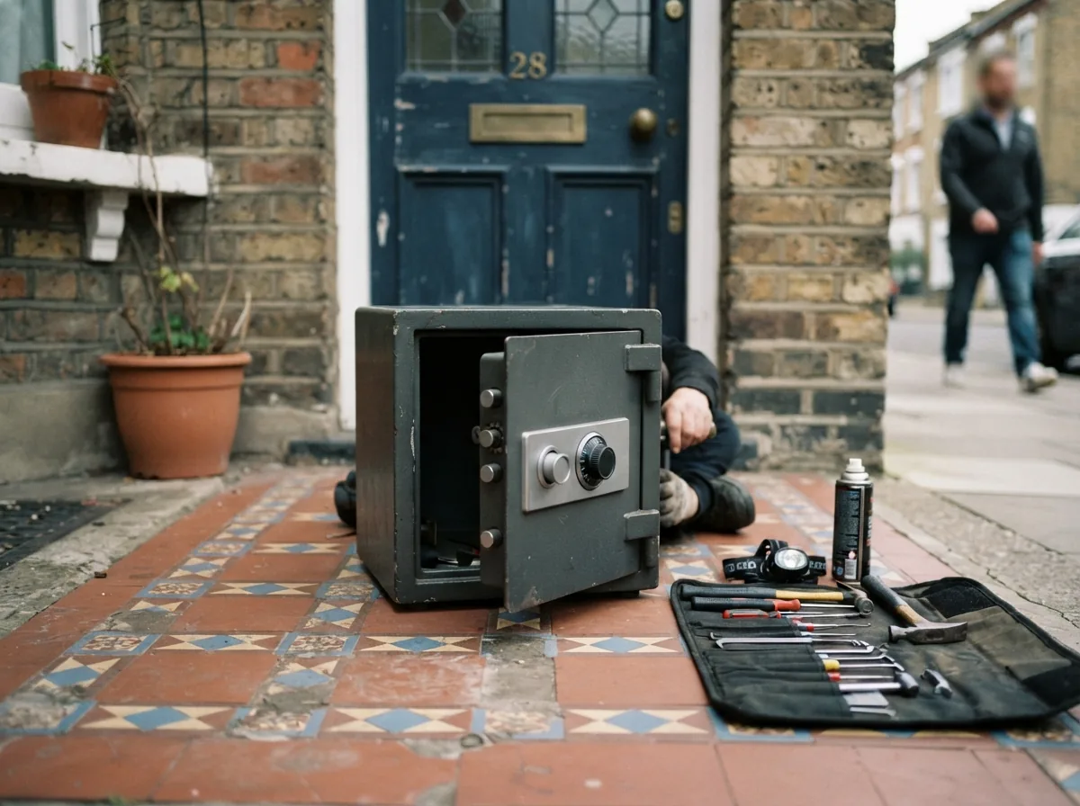 An open safe with a dial, and a locksmith’s tools beside it