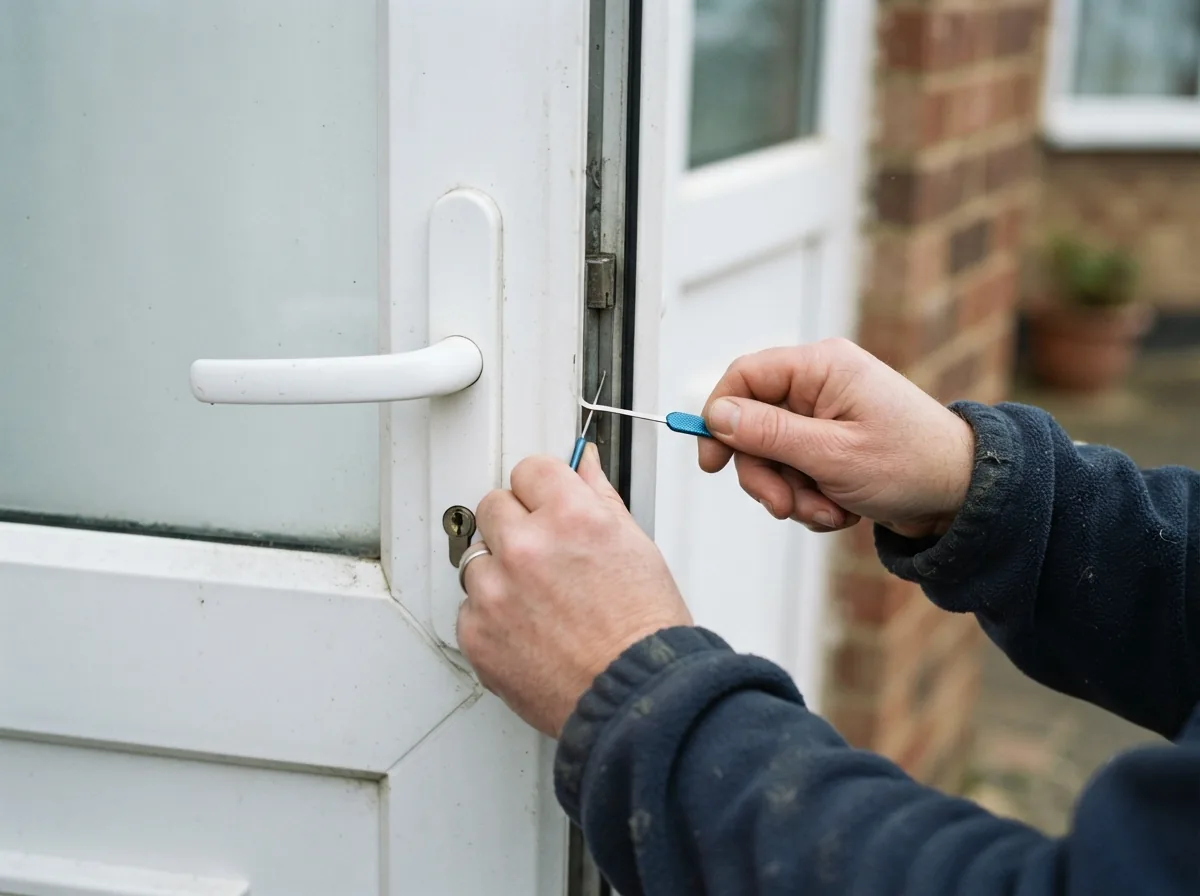 Hands slipping a card into the gap of a latched door