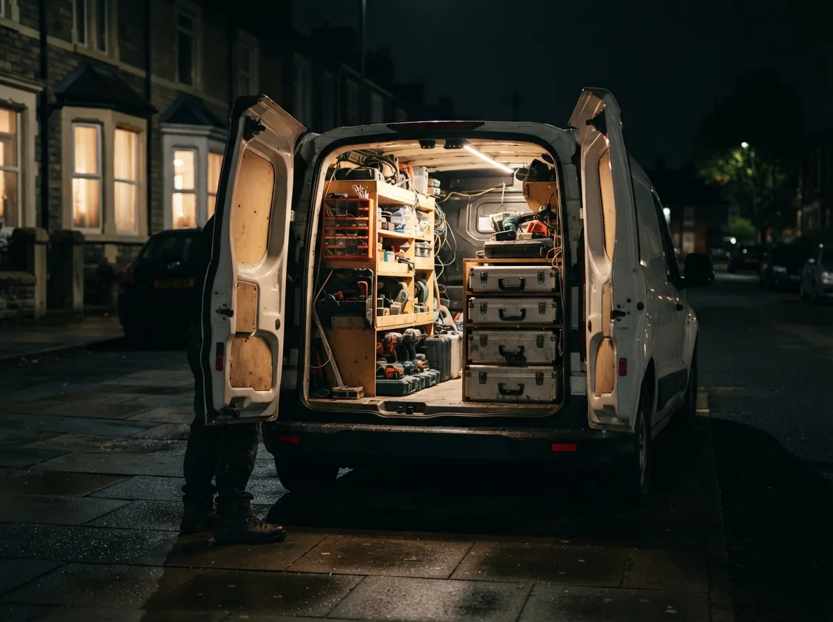 The back of a locksmith van open at night, racked out with tools