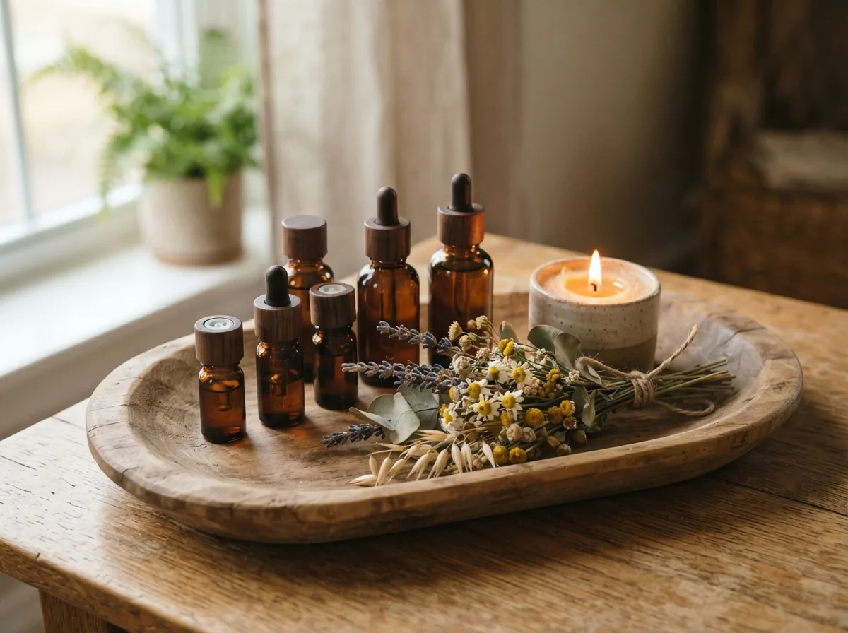 Essential oils, a candle and dried flowers on a tray