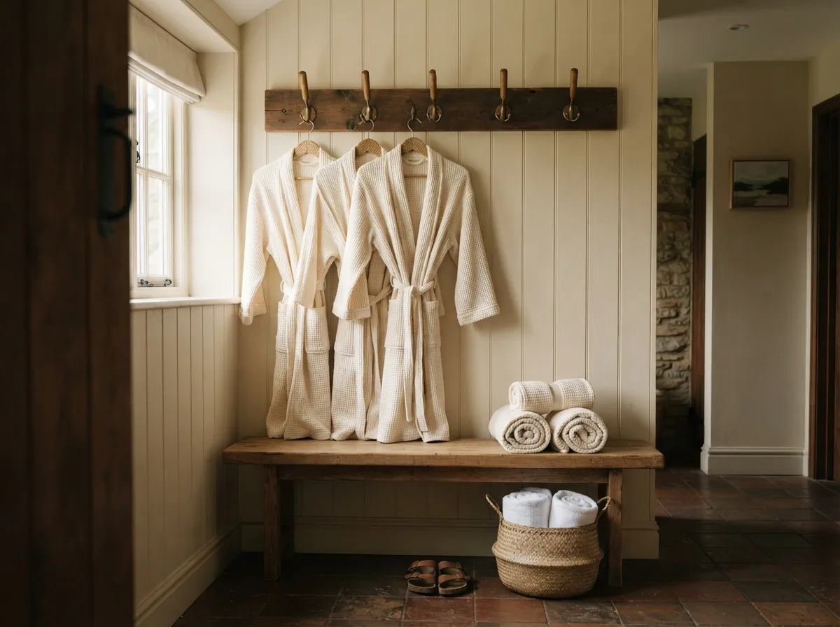 Robes and towels on wooden pegs above a bench