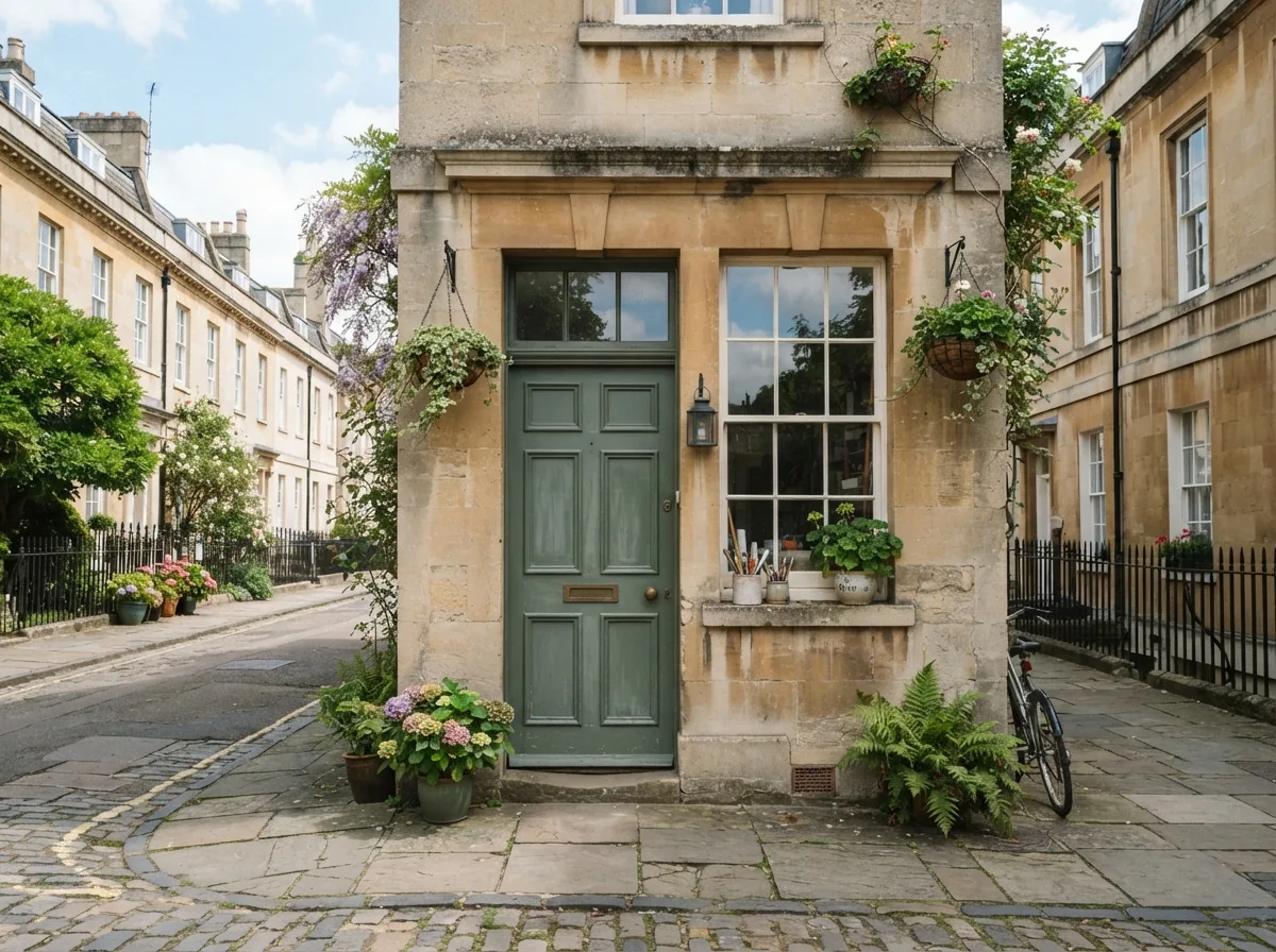 The studio door on a quiet paved street