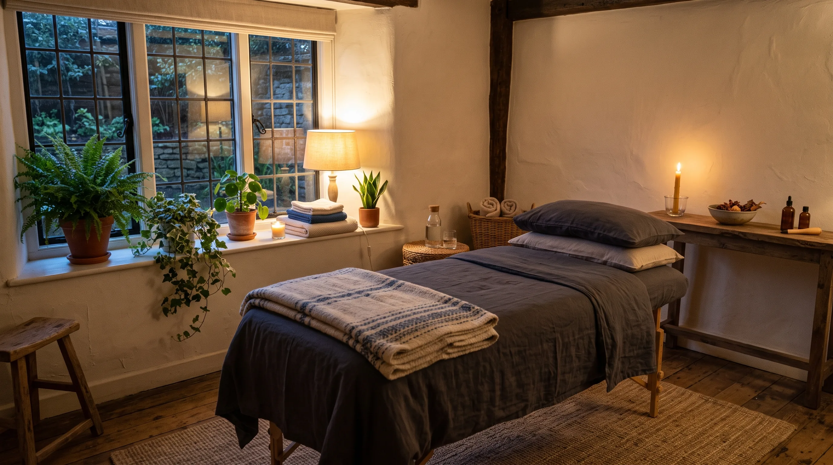 A quiet treatment room with a couch, folded towels and a candle