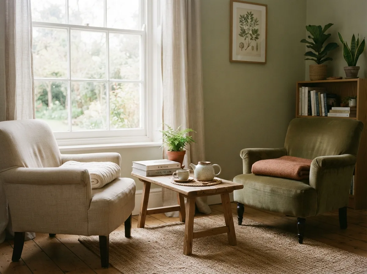 The quiet room: armchairs, blankets and a low table by the window