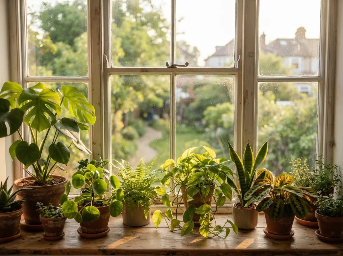 Plants in the window with the morning sun behind them