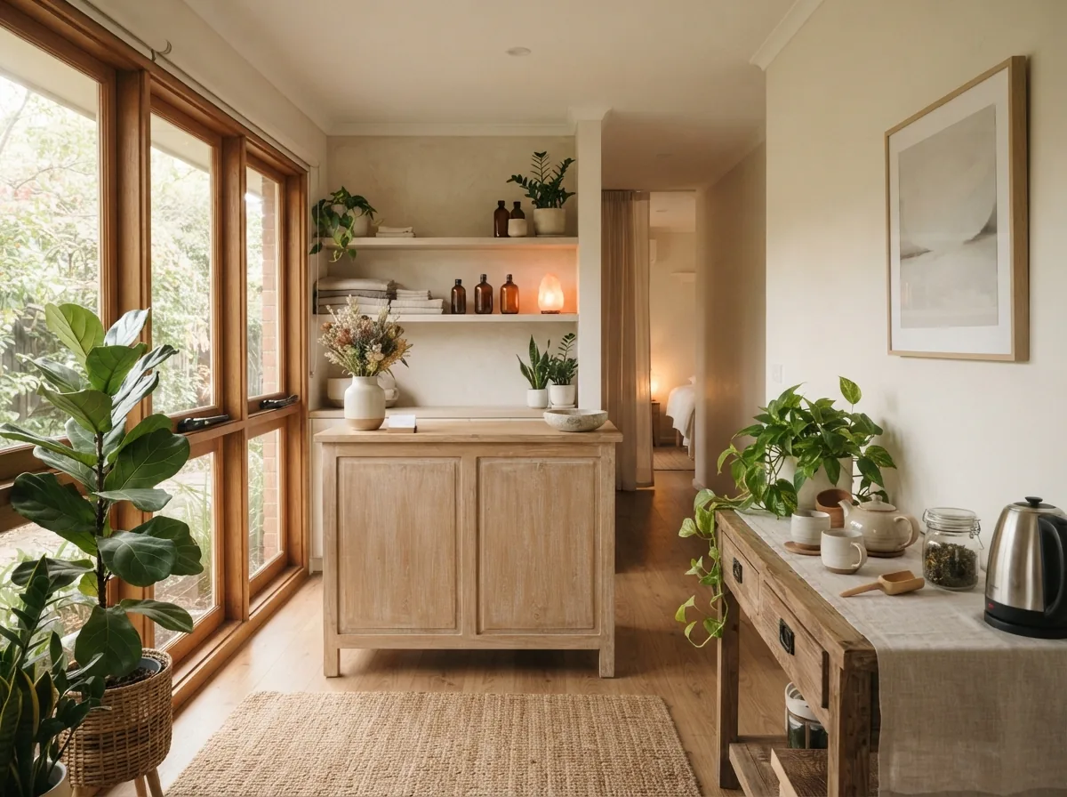 Inside the studio: the desk, the tea corner and the plants