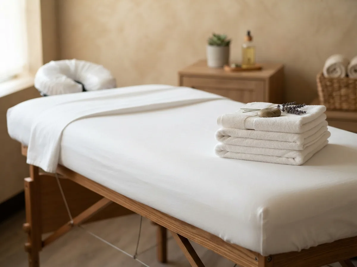 A couch made up with fresh linen and folded towels