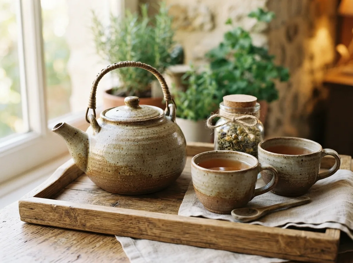 The tea corner: a pot, stoneware cups and a jar of herbs