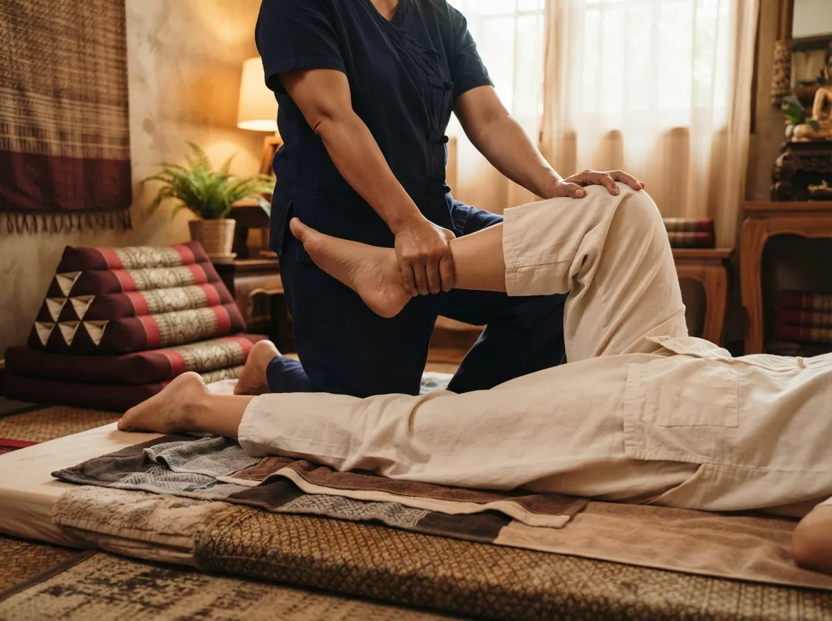 A Thai massage stretch worked on a floor mat