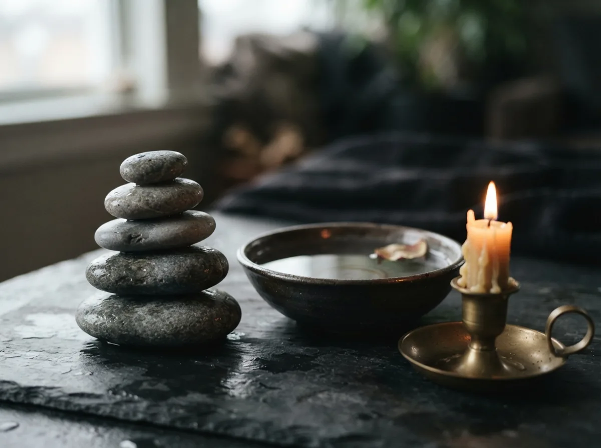 Stacked smooth stones, a bowl of water and a candle