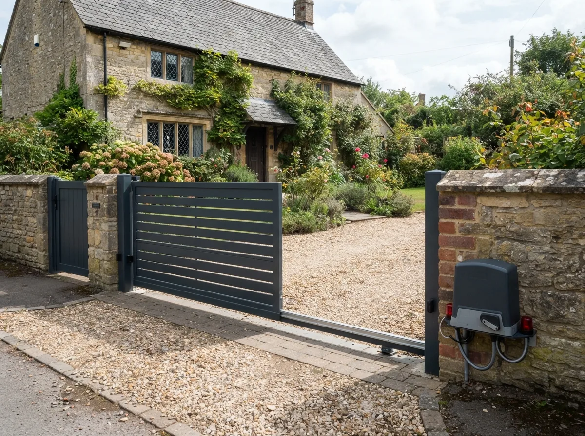An anthracite powder coated sliding gate across a driveway
