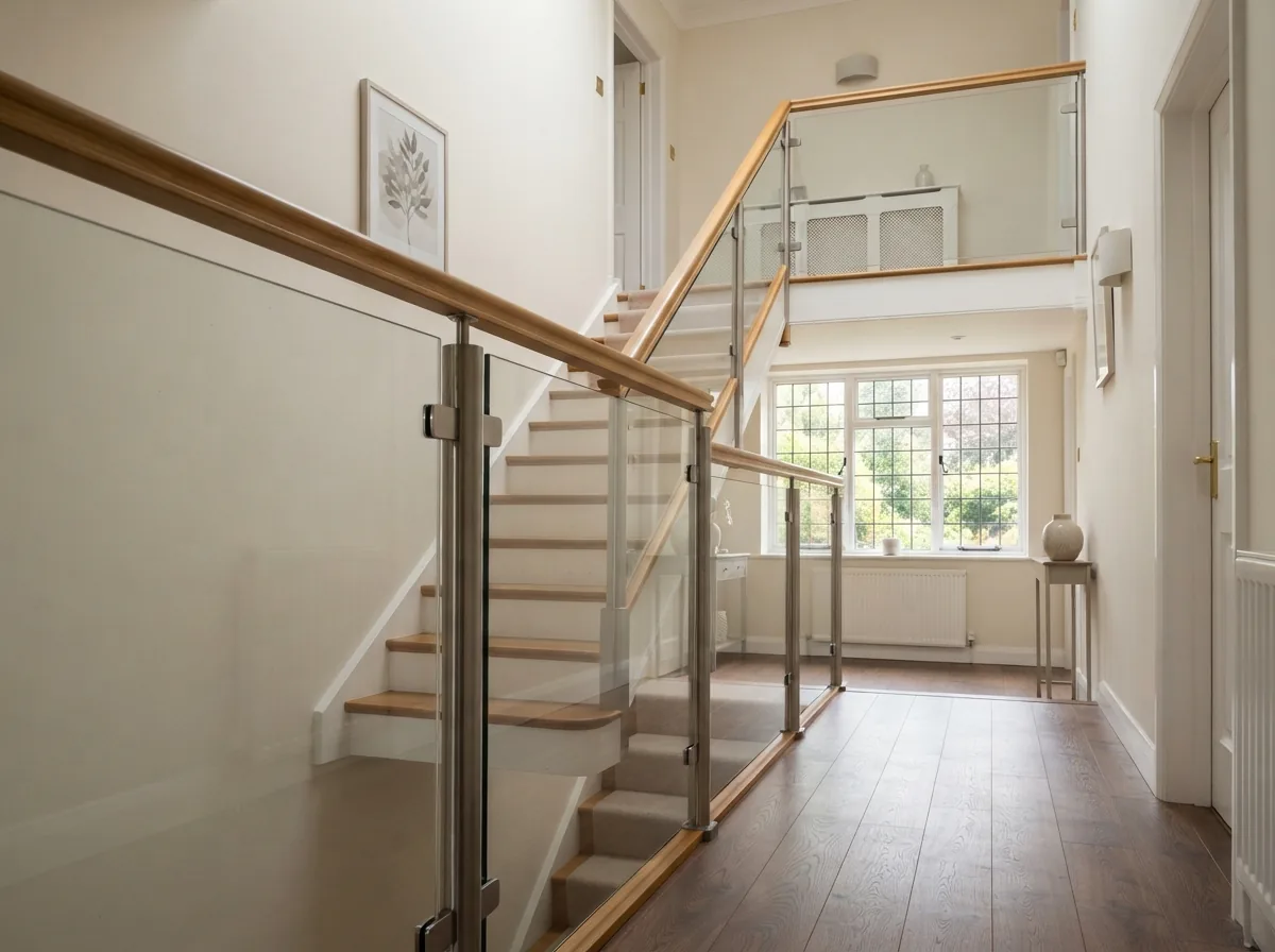 A stainless balustrade with glass infill beside a staircase