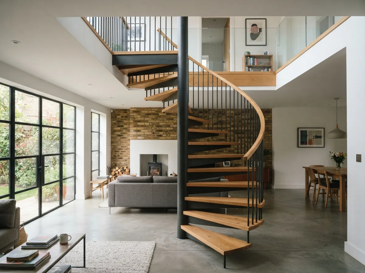 A steel spiral staircase with oak treads in a modern interior