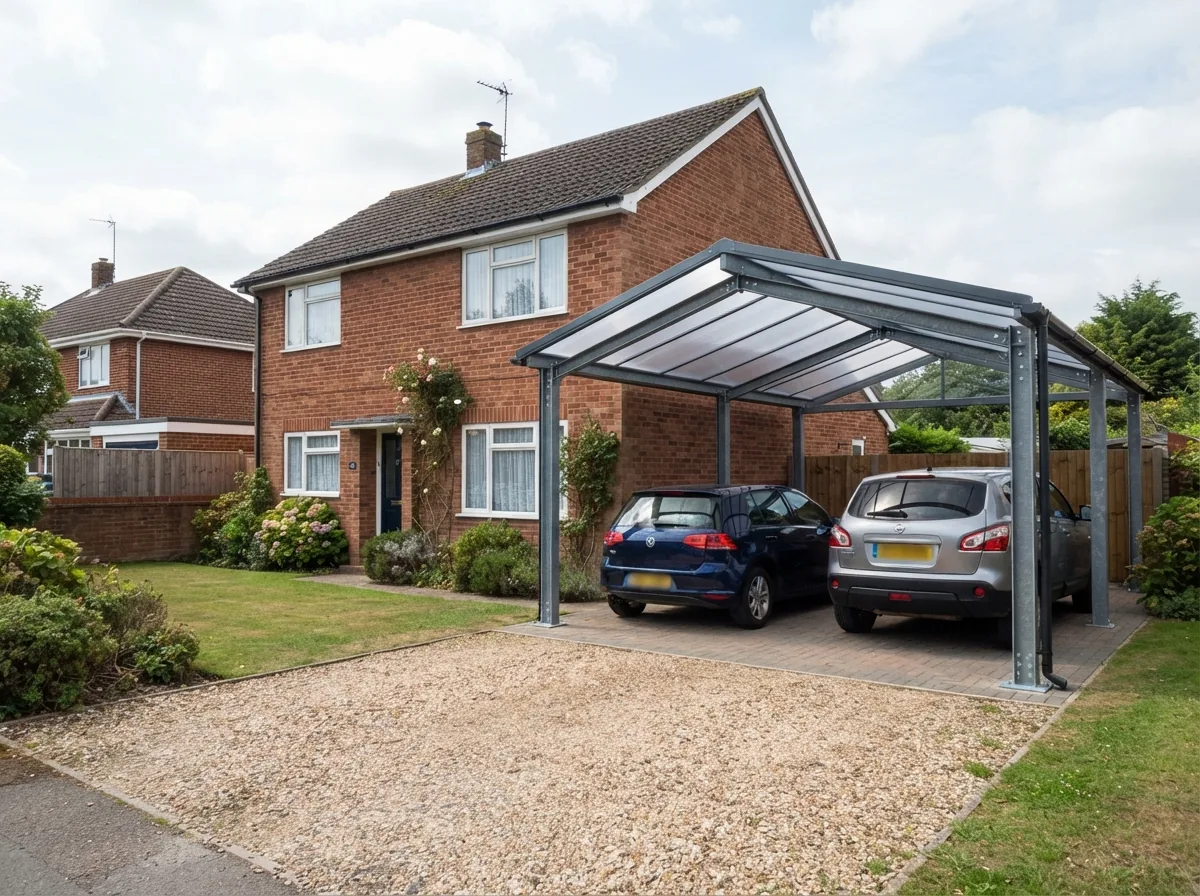 A steel carport for two cars with a polycarbonate roof