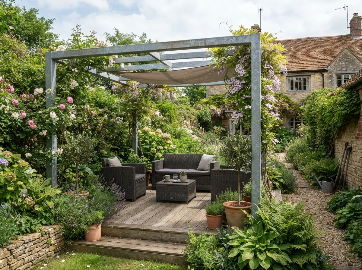 A galvanised steel pergola over a decked seating area