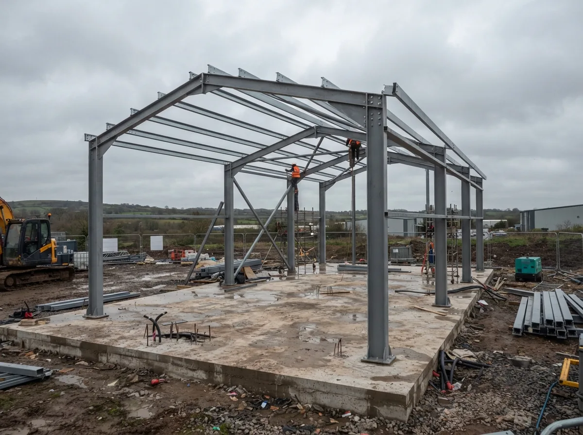 A steel portal frame going up on a concrete slab