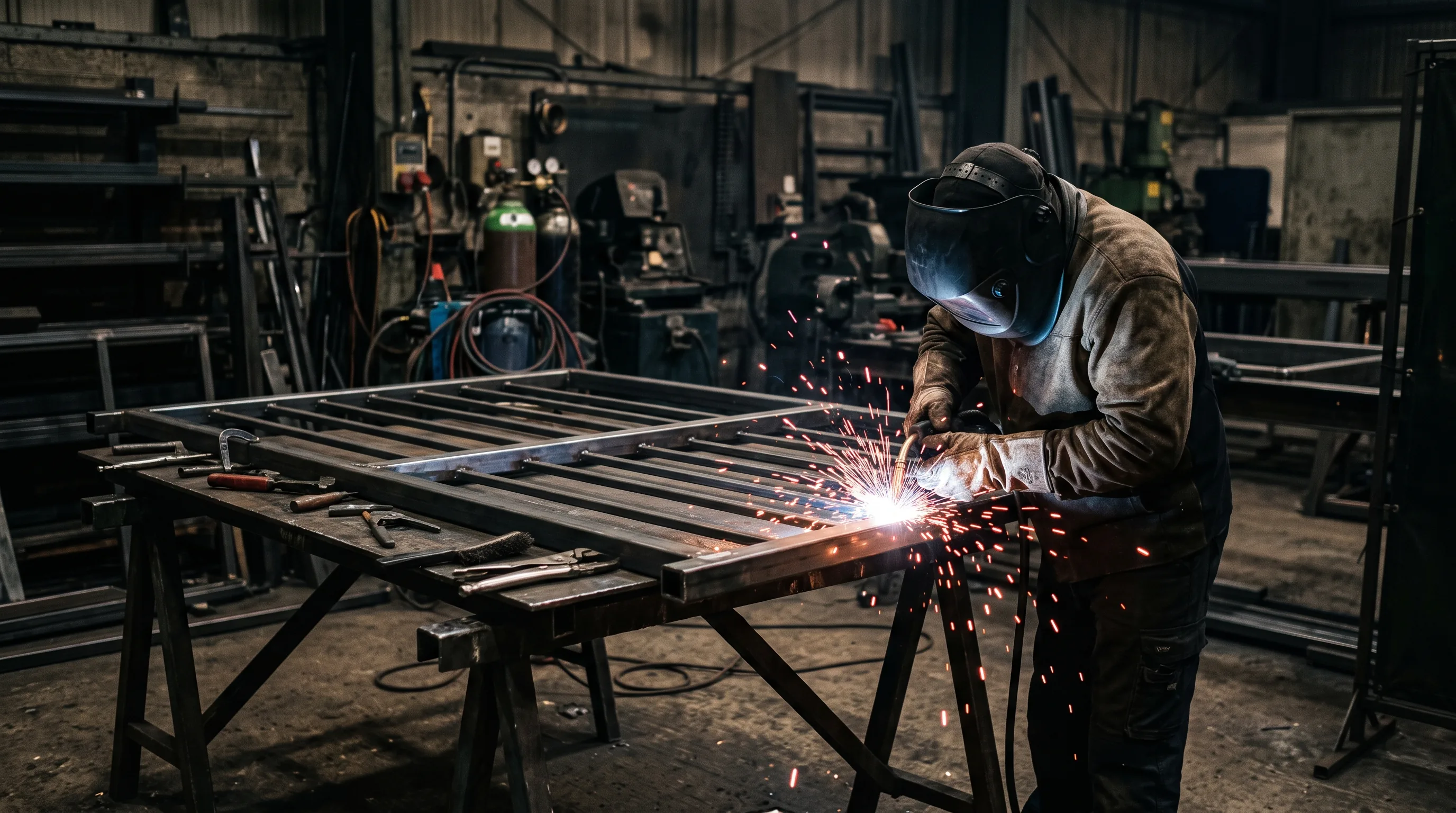 A welder running a bead on a steel gate frame, sparks flying