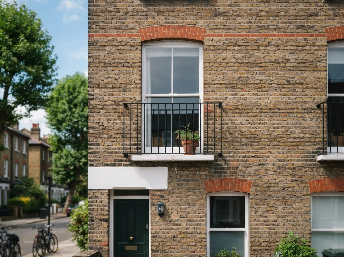 A Juliet balcony railing with slim vertical bars on a house front