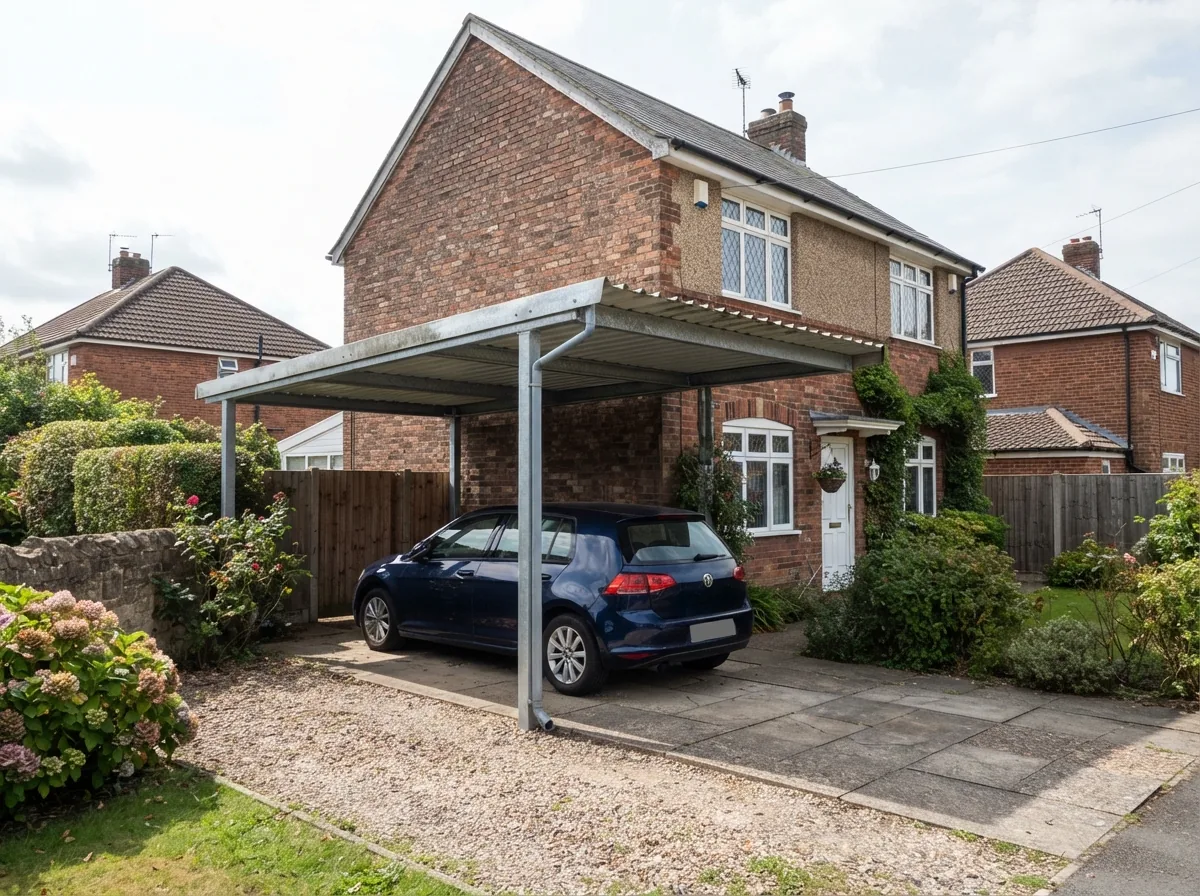 A steel carport against the side of a house with a profiled sheet roof