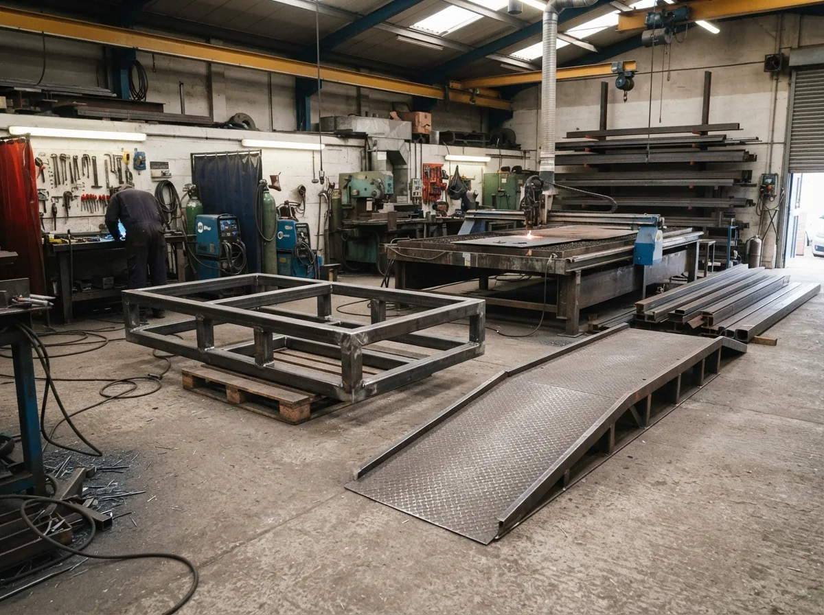 A one-off fabrication and a loading ramp frame in the workshop