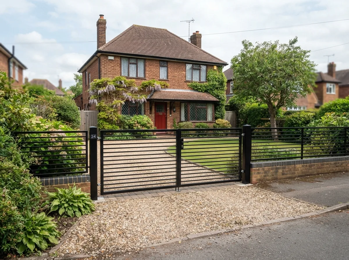A black swing gate with horizontal bars and matching railings