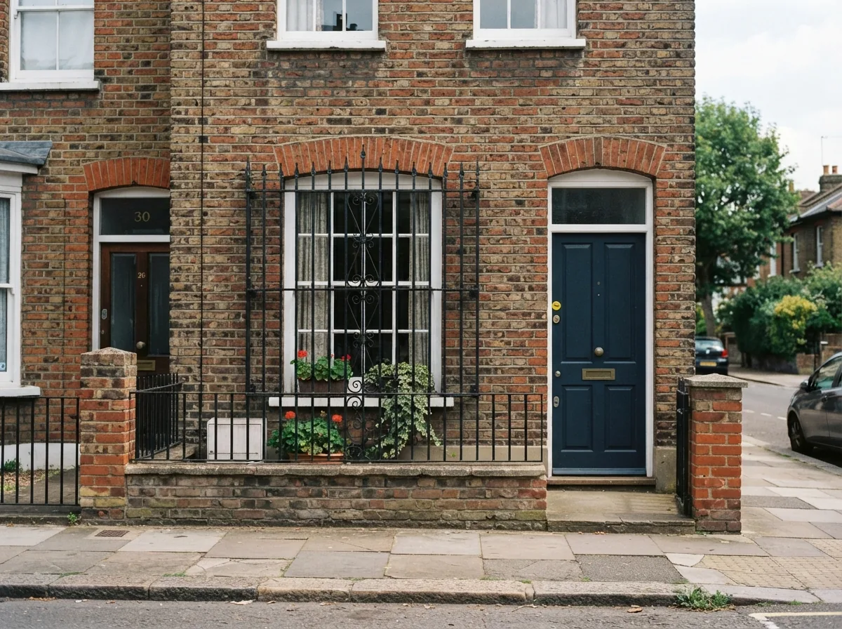 A black steel security grille on a house window
