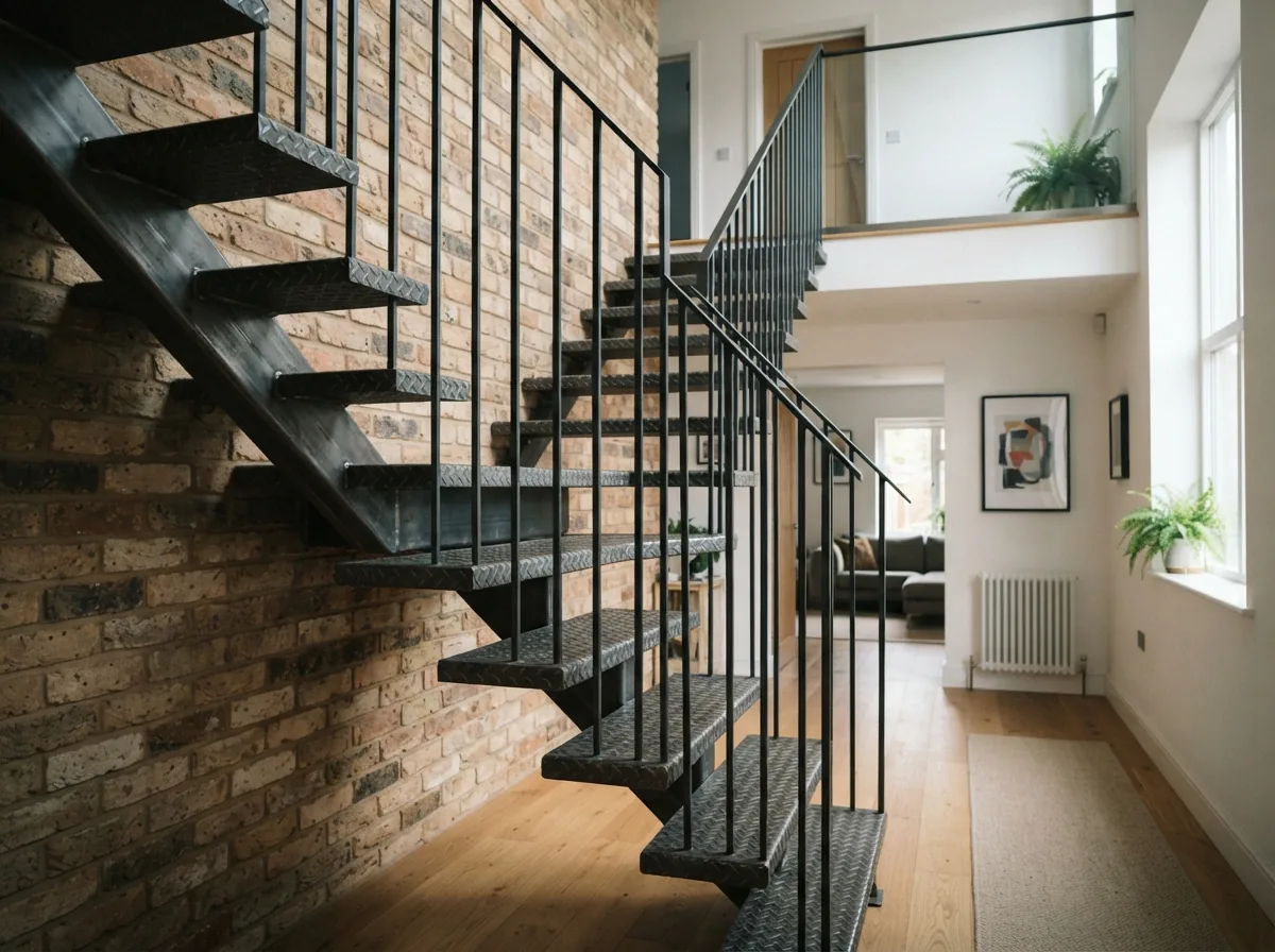 A straight cantilevered steel staircase with chequer plate treads