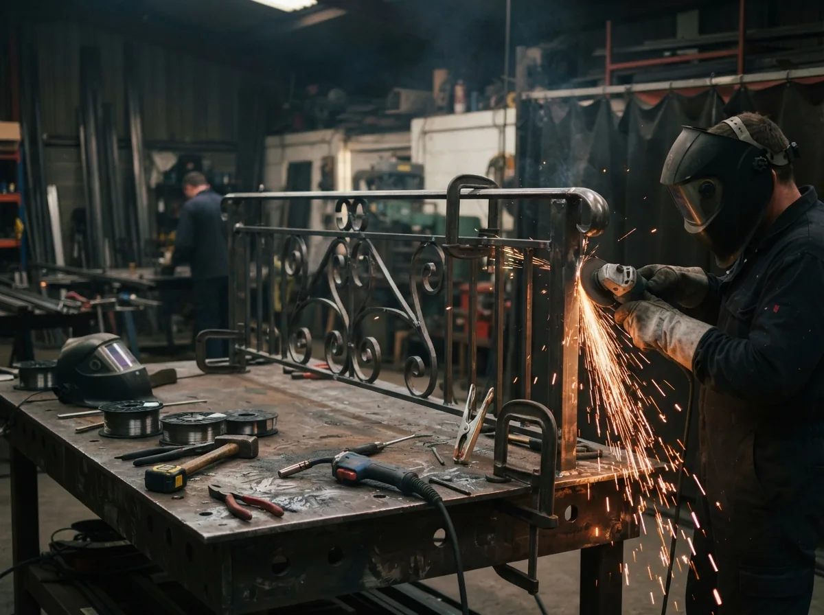 The workshop, with a balustrade on the welding bench and sparks from a grinder