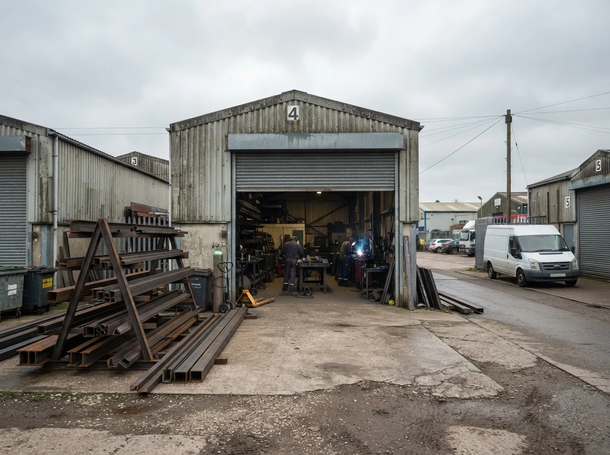 The yard with the shutter up and racks of steel sections
