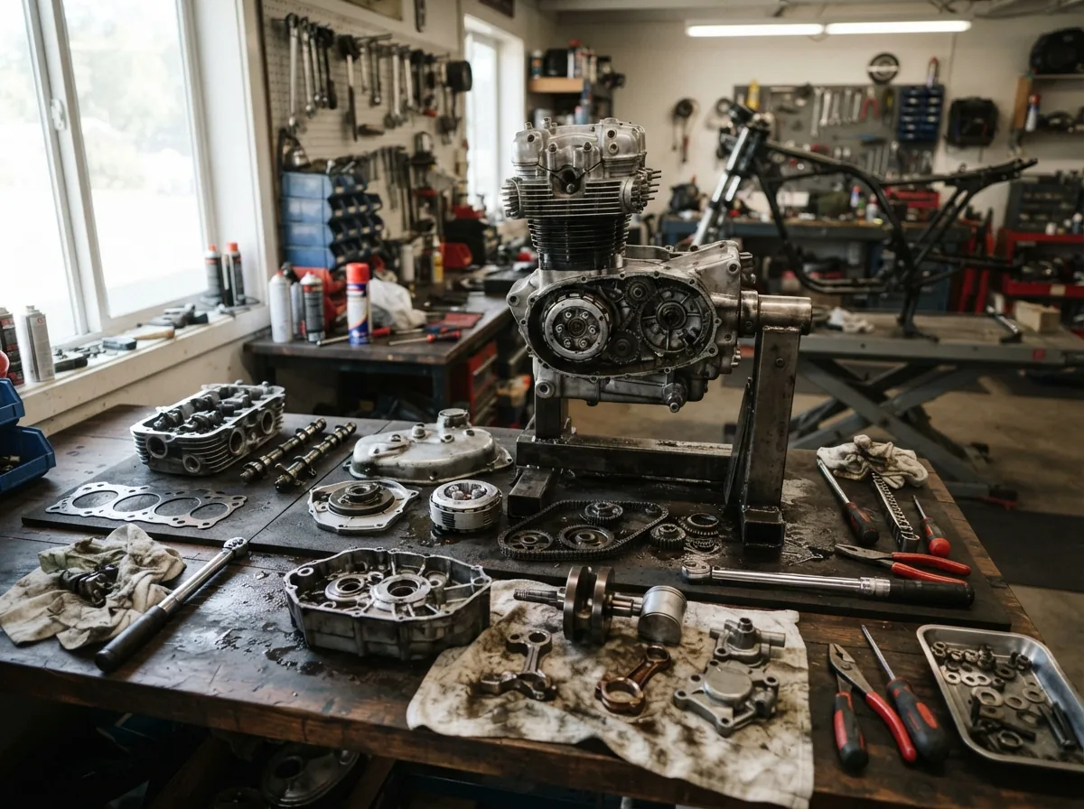A motorcycle engine stripped on the bench