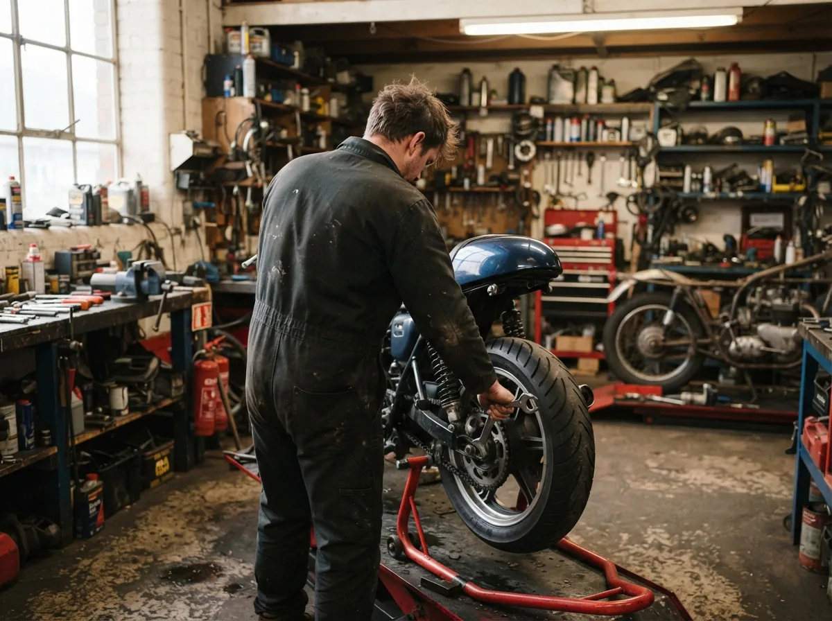 A naked bike on the ramp under the workshop lamp