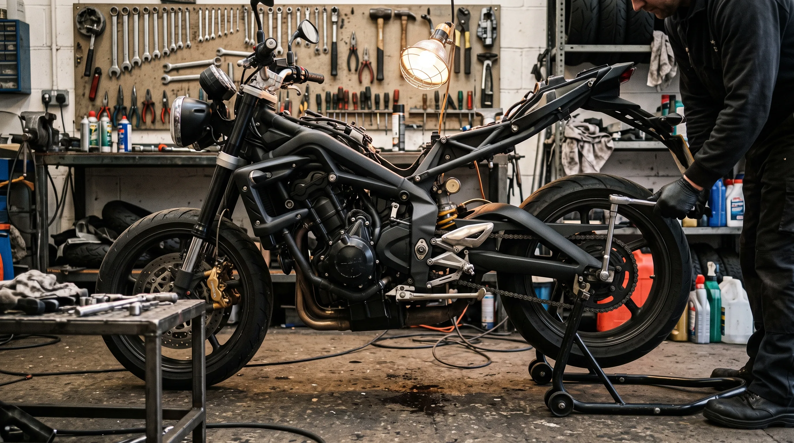 A motorcycle up on the workshop ramp