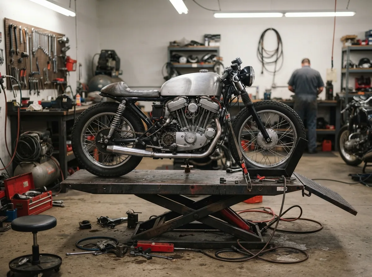 Working on the rear wheel of a bike on the ramp