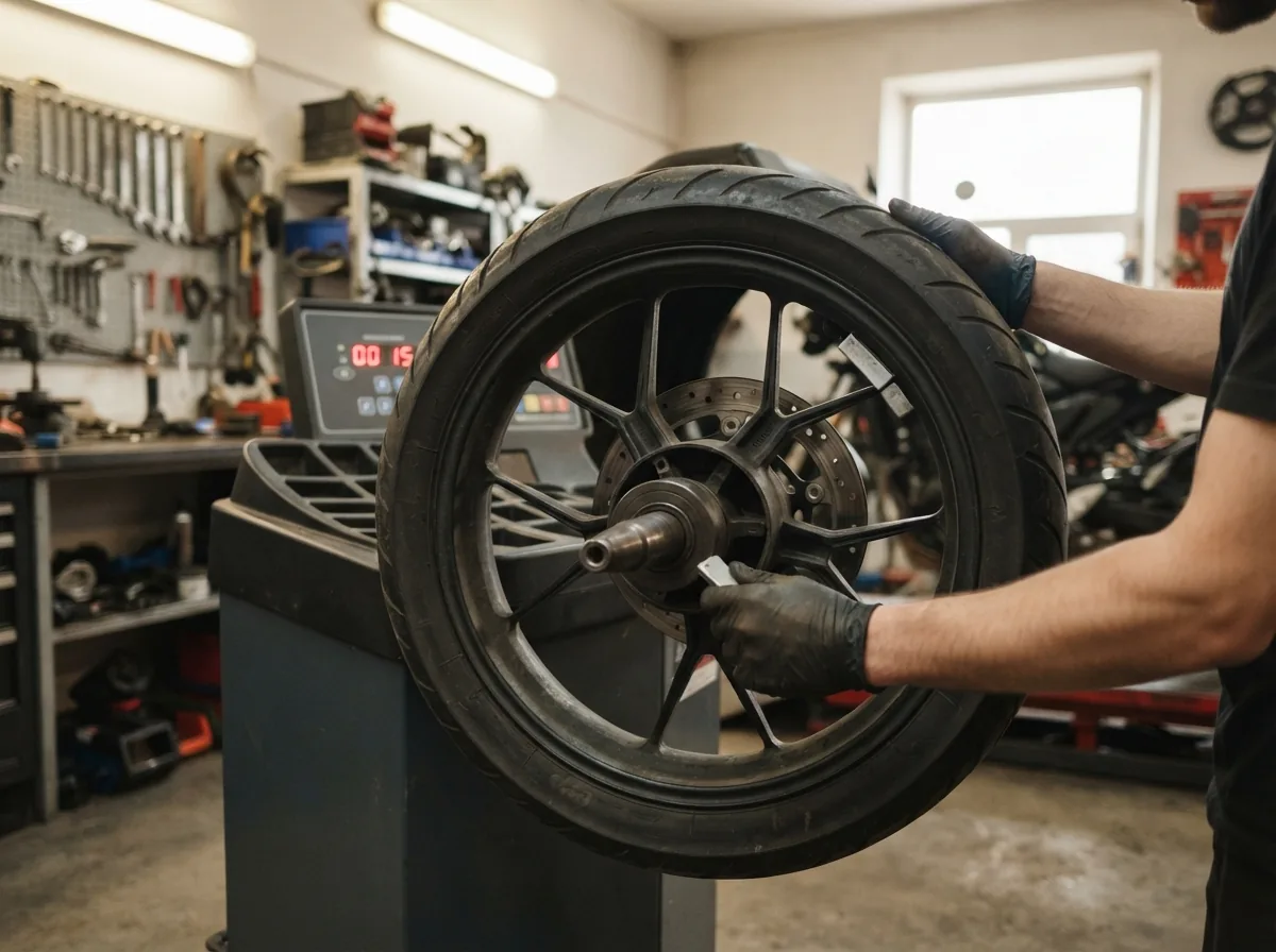 A motorcycle wheel being fitted and balanced