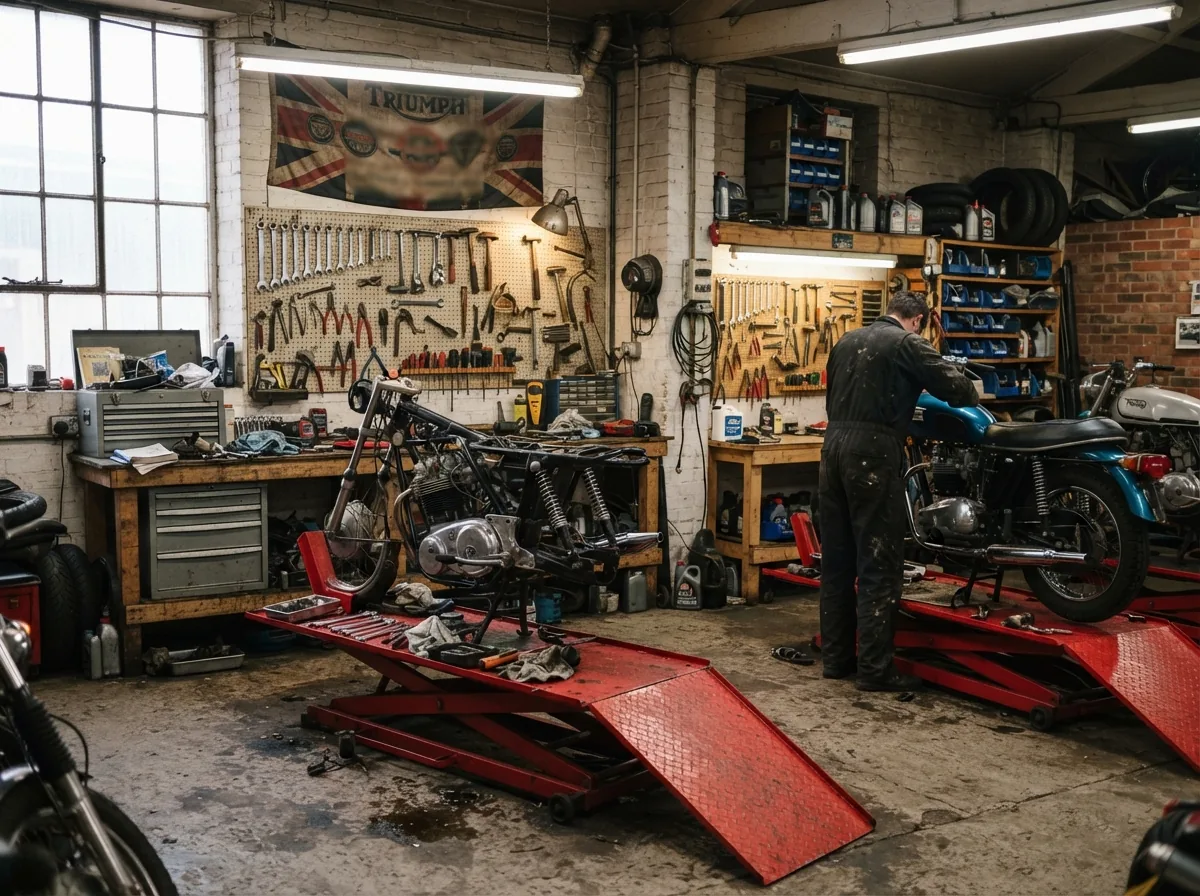 The workshop, with the tool board, bench and a bike on the ramp