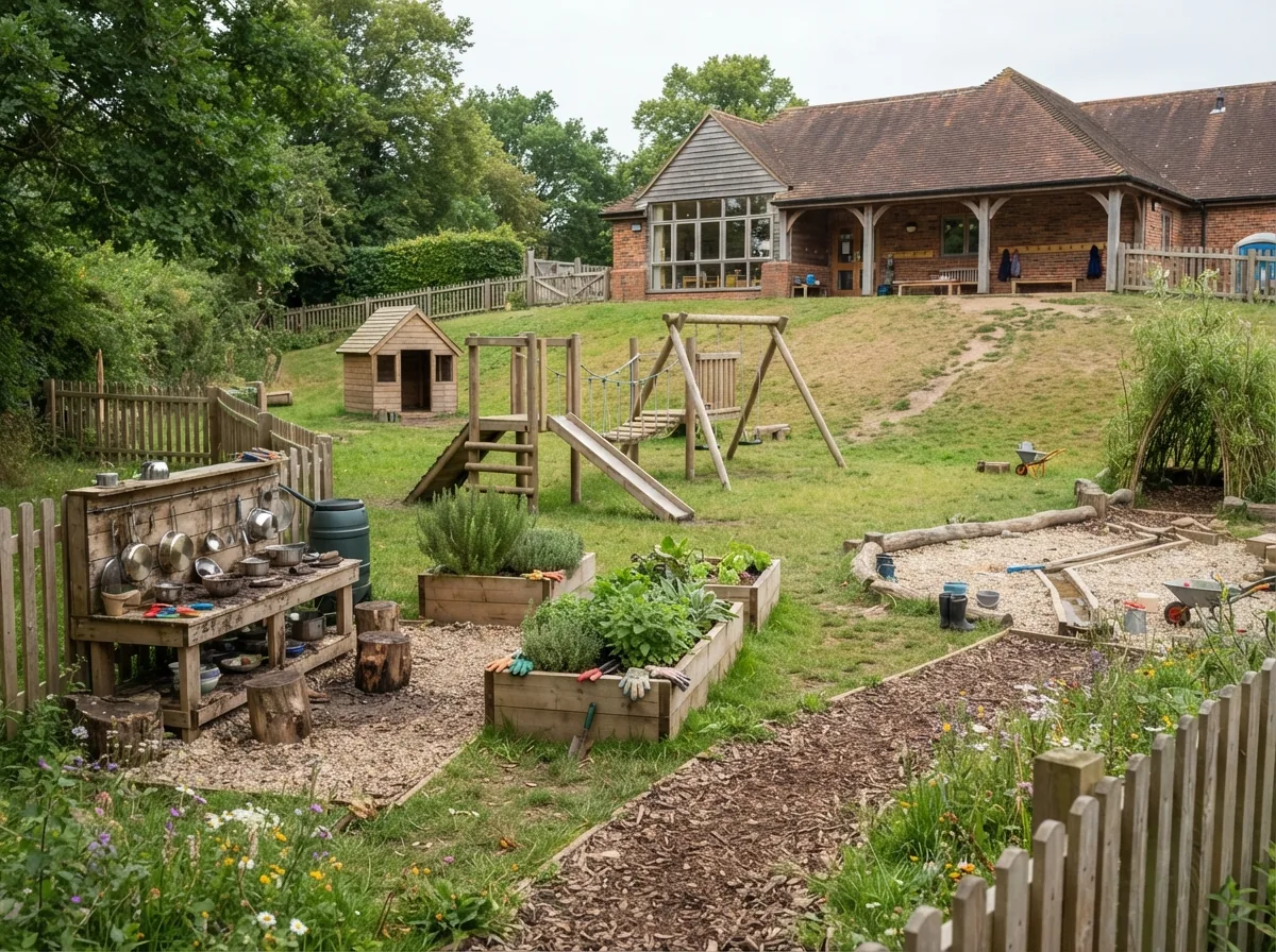 The nursery garden with wooden climbing frames, a sandpit and mature trees