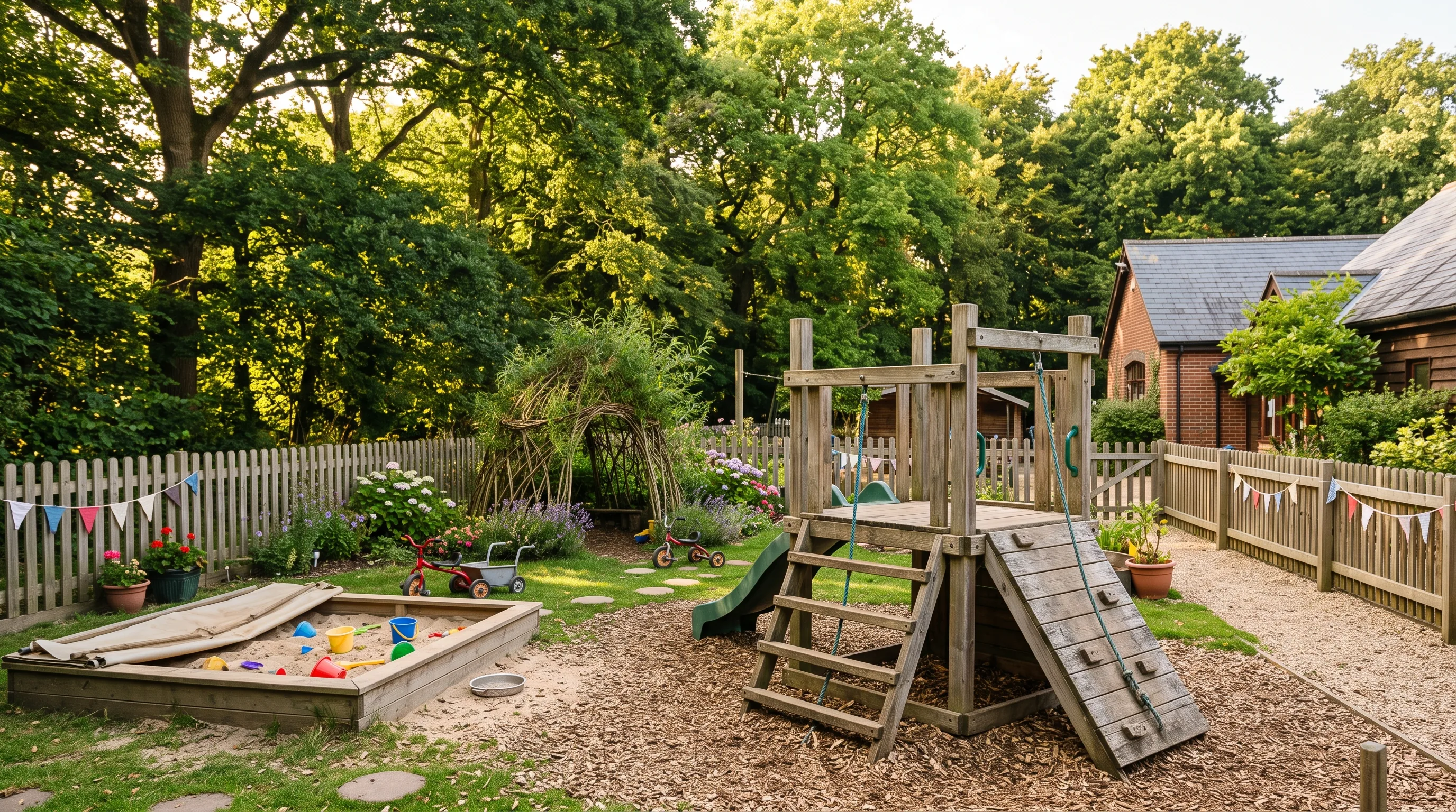 A nursery garden with wooden climbing frames, a sandpit and a willow day