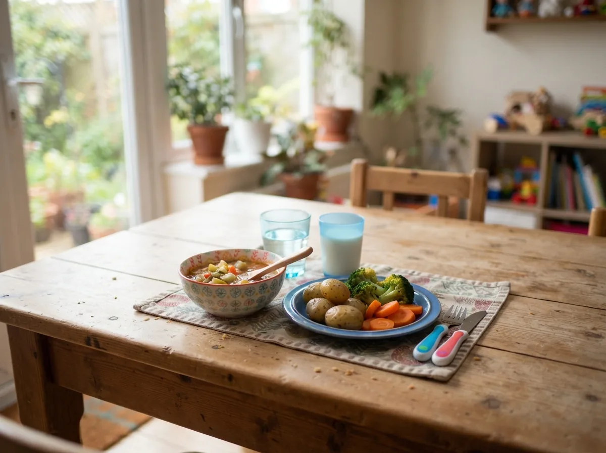 Children’s lunch on a wooden table — soup, potatoes and vegetables