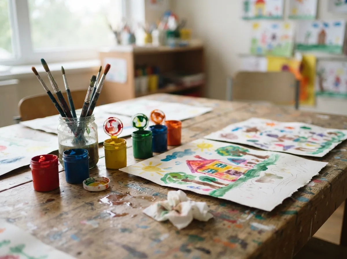 Paint pots, brushes and half-finished paintings on a wooden table