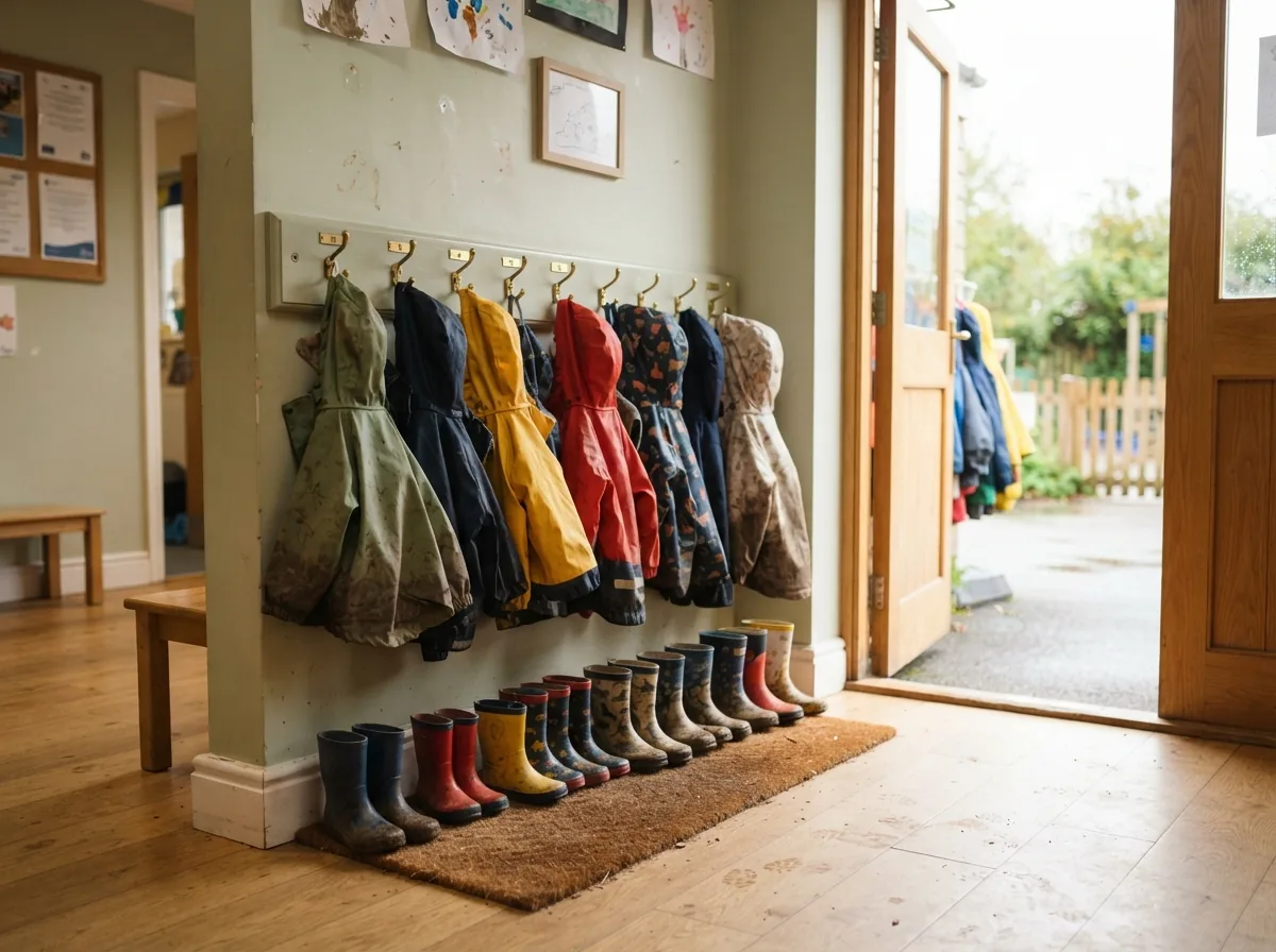 Wellies and waterproof coats on low pegs by the nursery door