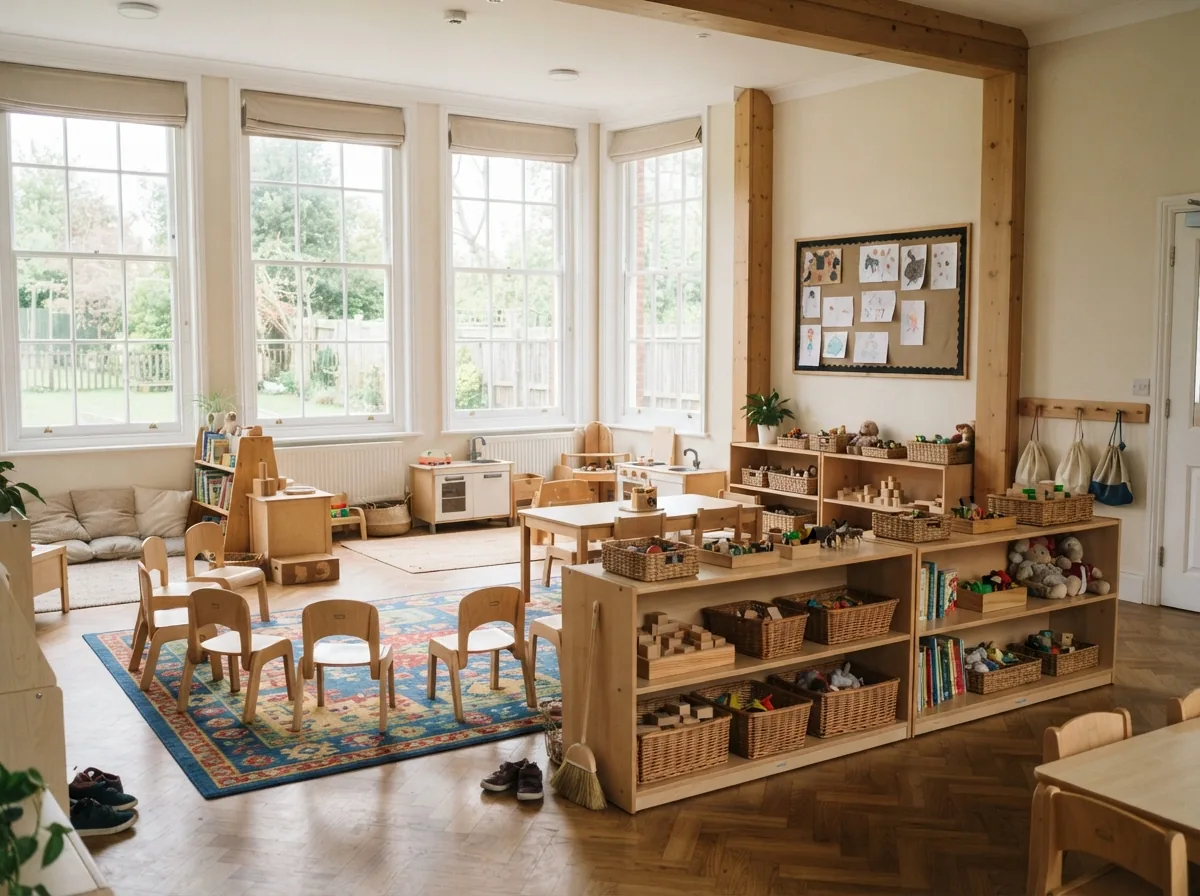 A bright nursery room with wooden furniture, a rug and low toy shelves