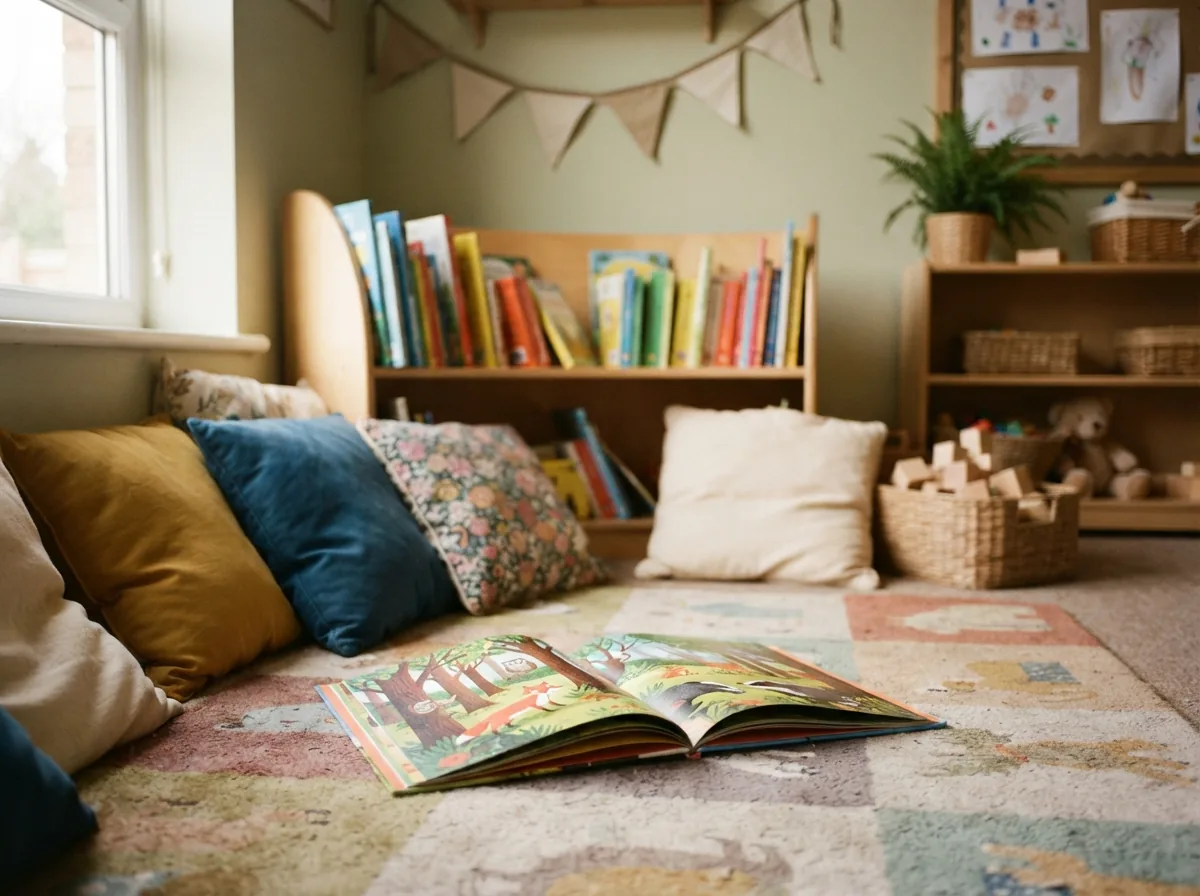 An open picture book on the carpet in the reading corner
