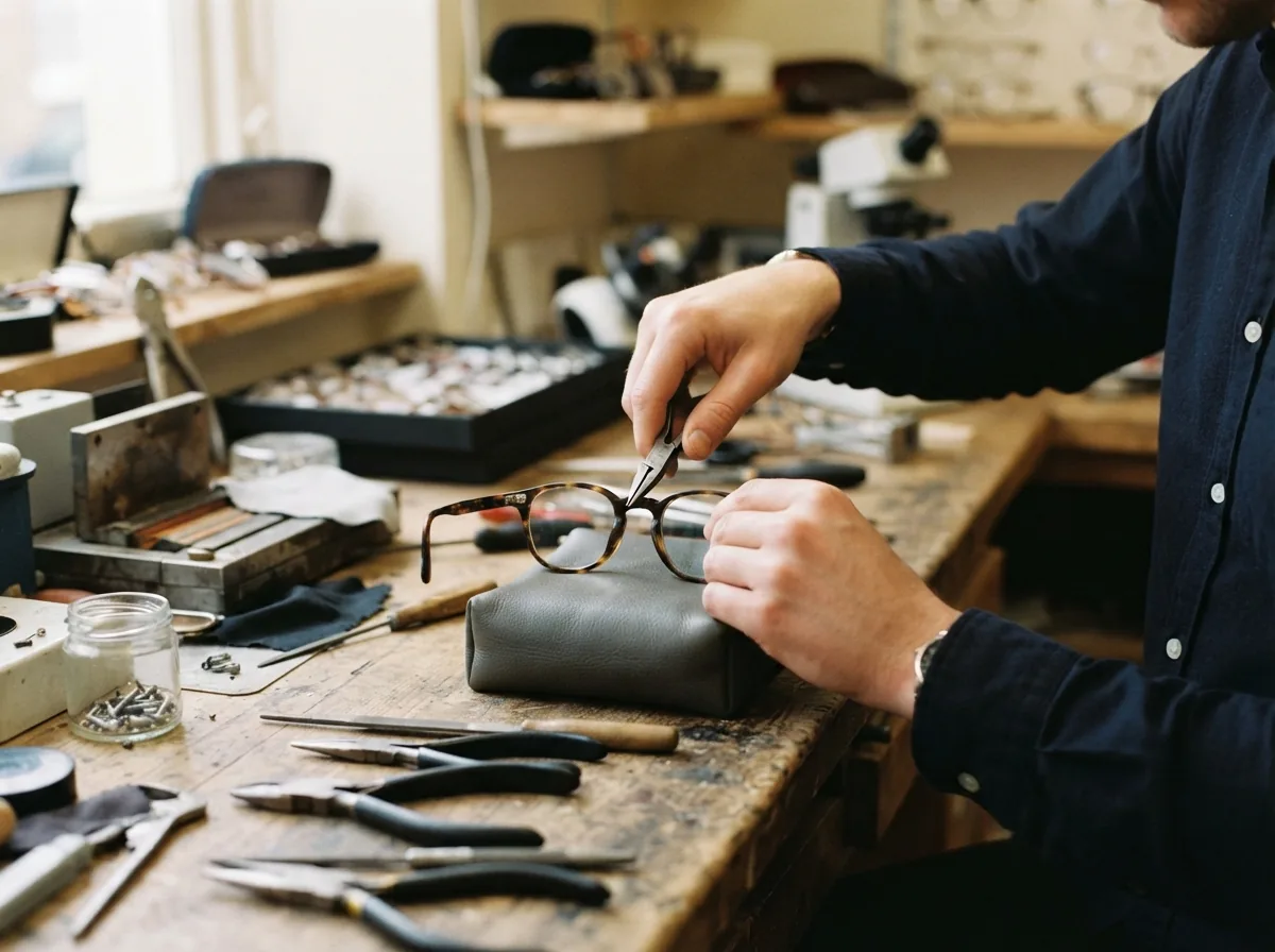A dispensing optician adjusting a pair of glasses at the bench
