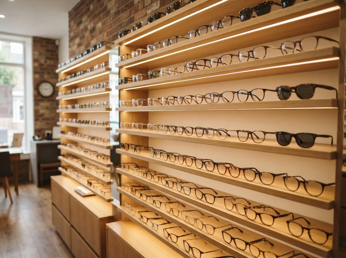 Lit display shelves of spectacle frames
