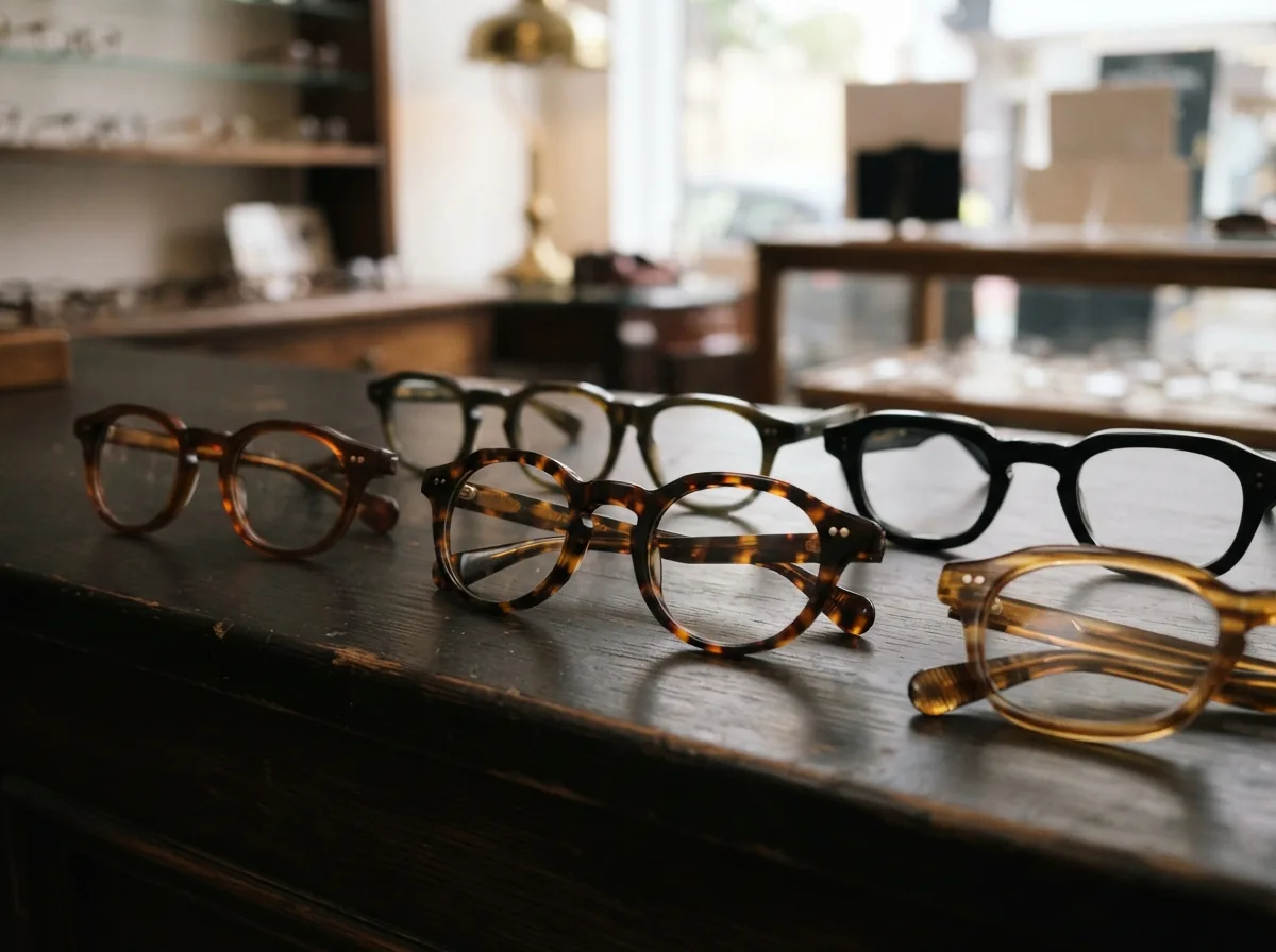 Hand-made acetate frames laid out on a dark counter