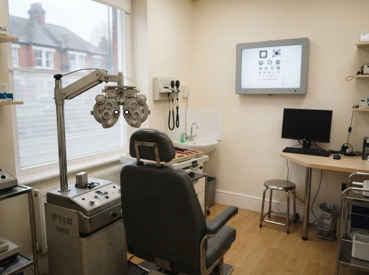 The testing room, with the phoropter and the chart